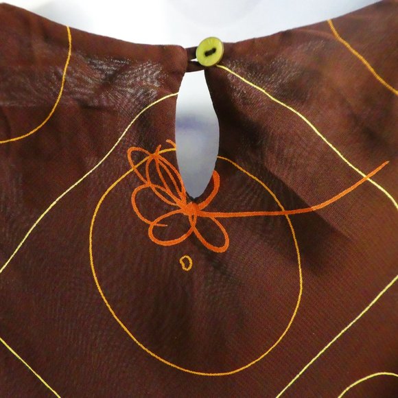 Vintage 90s Dress Geo Floral Brown Orange Lined Tessuto Keyhole Button Back USA - Picture 4 of 8